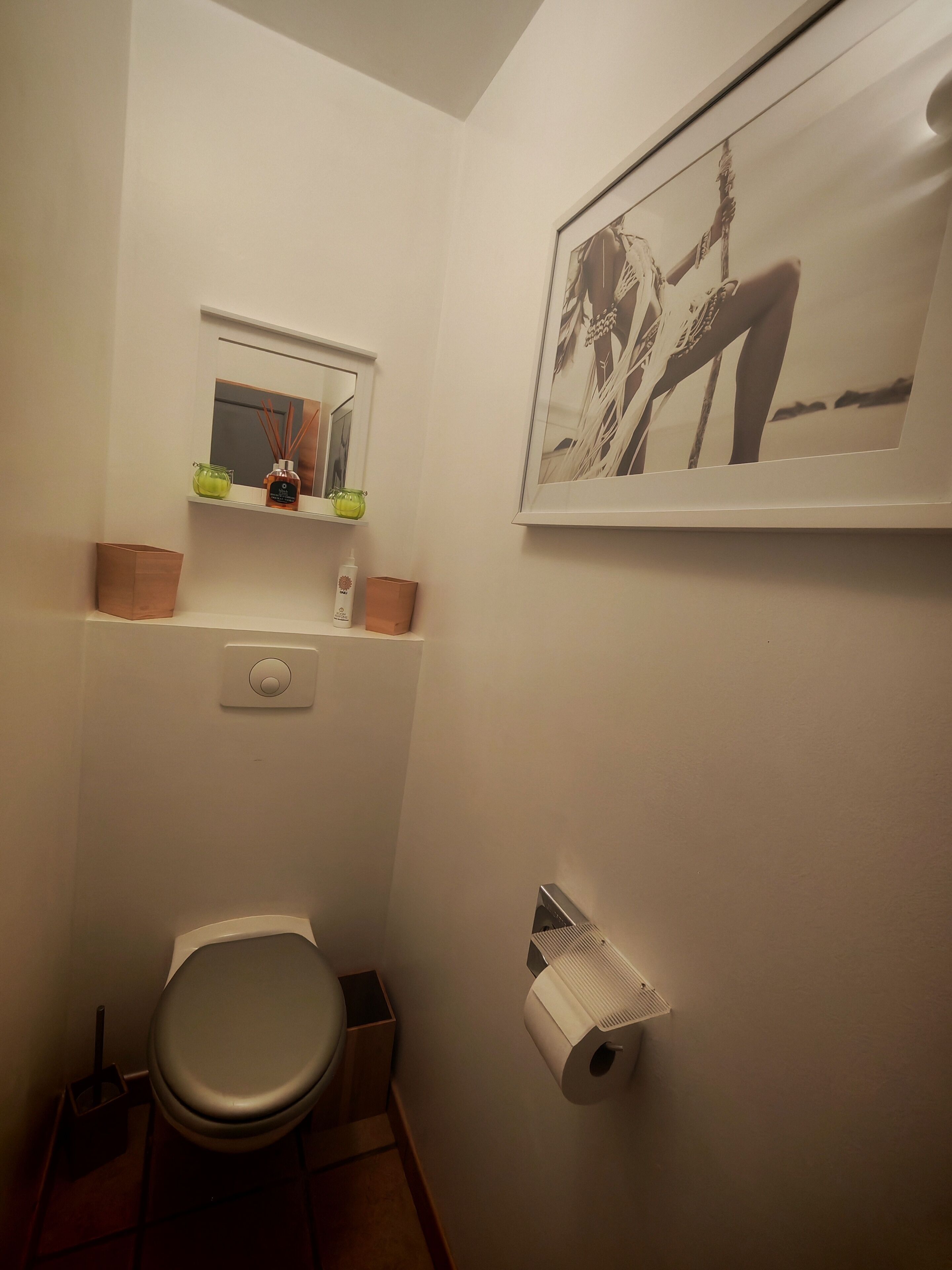 Une petite salle de bain avec des toilettes, un miroir, un tableau encadré au mur et un rouleau de papier toilette.