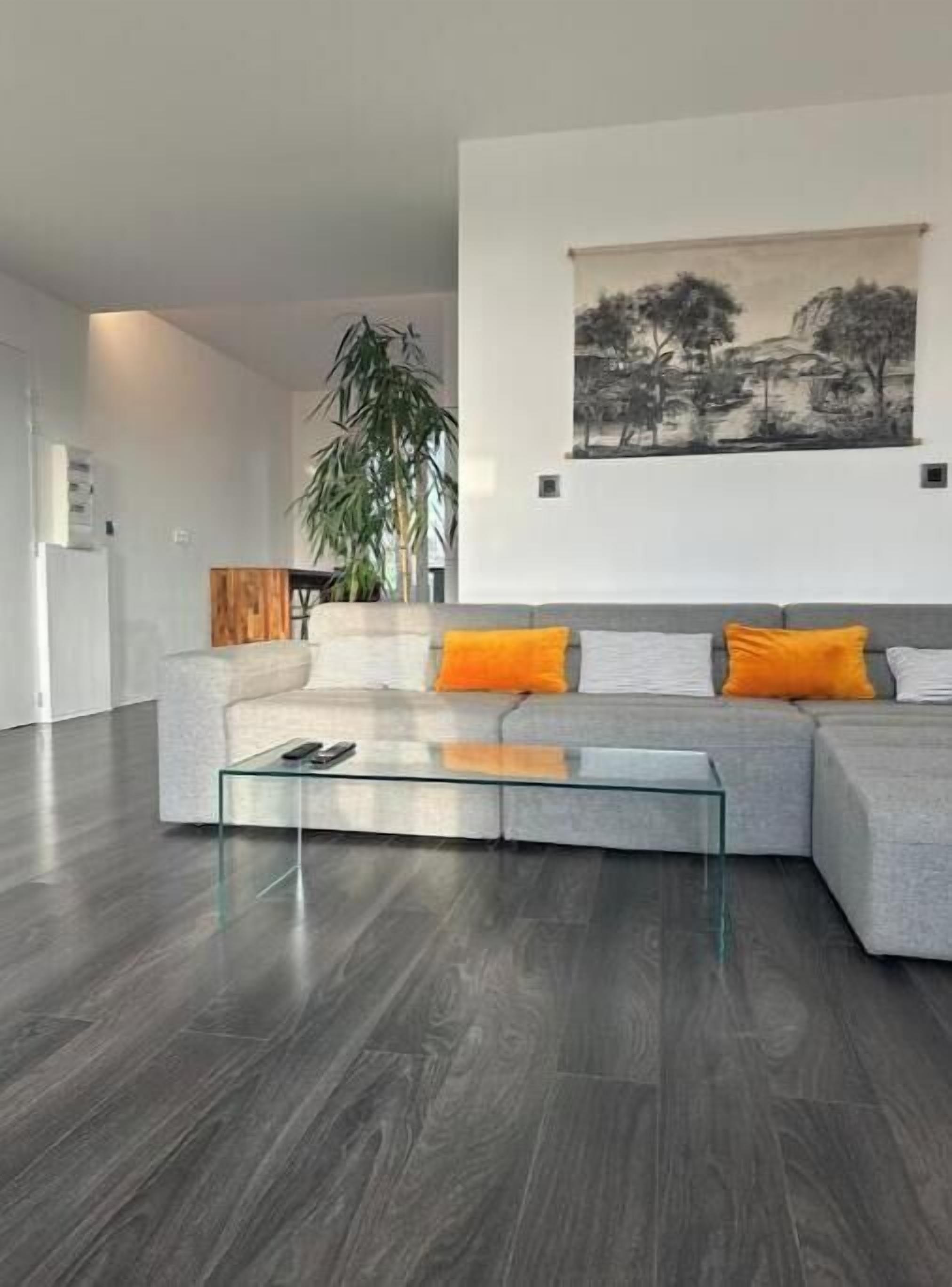 Een moderne woonkamer met een grijze bank, oranje kussens, een glazen salontafel en een groot zwart-wit schilderij aan de muur.
