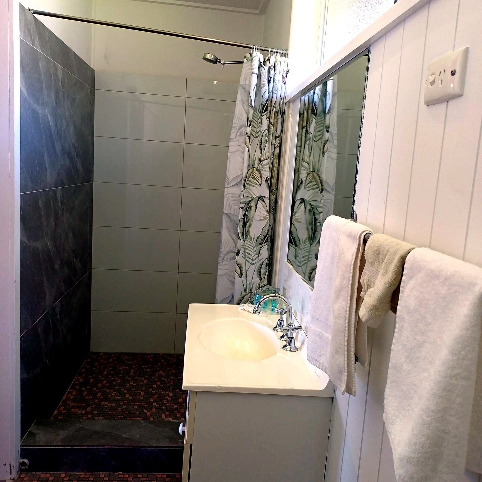 Shower, free toiletries, hair dryer, towels