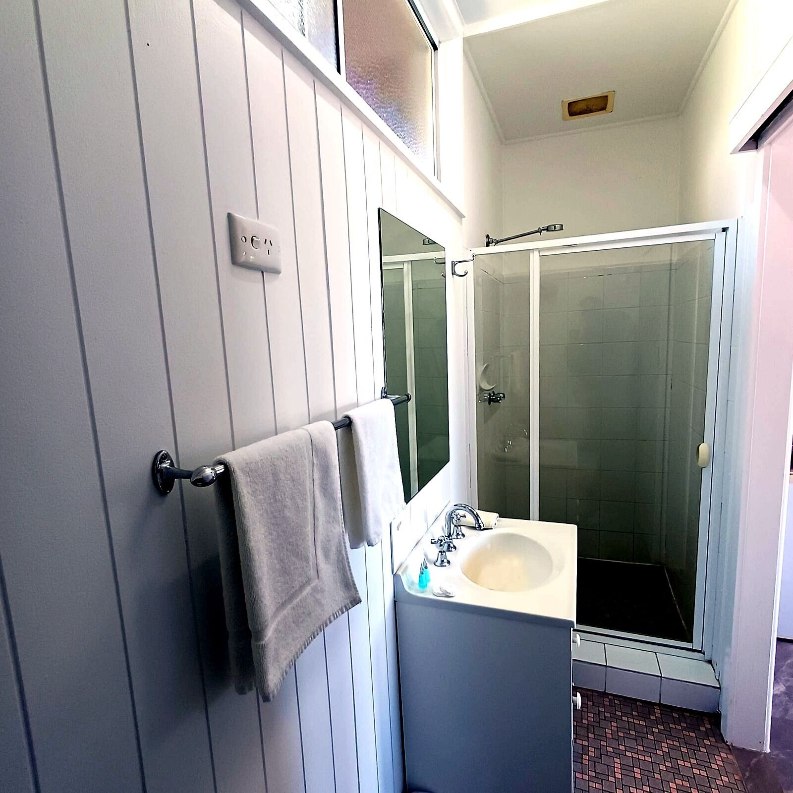 Shower, free toiletries, hair dryer, towels