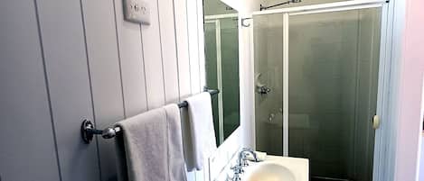 Baño con lavamanos, espejo, toallero y cabina de ducha con mampara de vidrio.