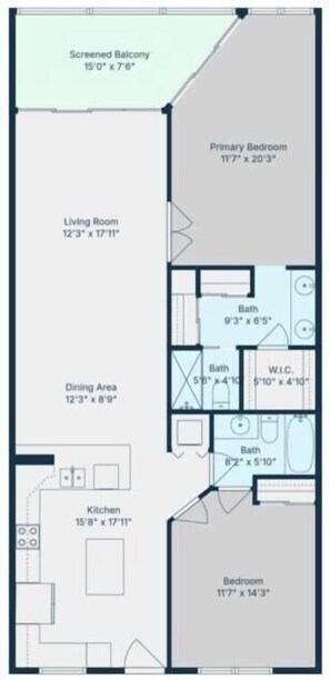 A floor plan with a screened balcony, primary bedroom, living room, dining area, kitchen, and two bathrooms. - Pointe Santo Unit C22 2 Bedroom Condo (Sanibel)
