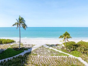 A beach with palm trees and a clear view of the ocean. - Kings Crown Unit 305 3 Bedroom Condo (Sanibel)