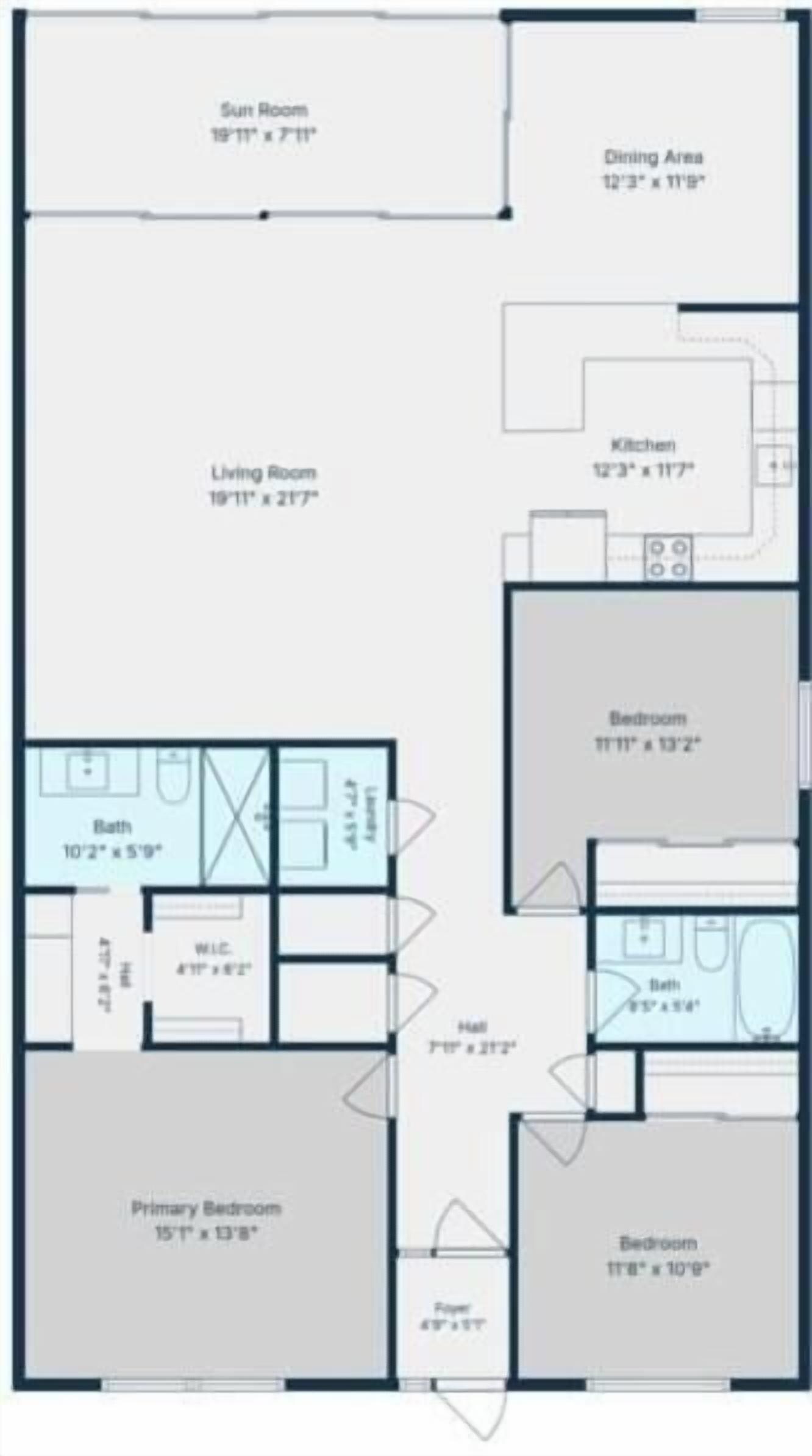 A floor plan with a sun room, dining area, kitchen, living room, two bedrooms, a bathroom, and a hall.