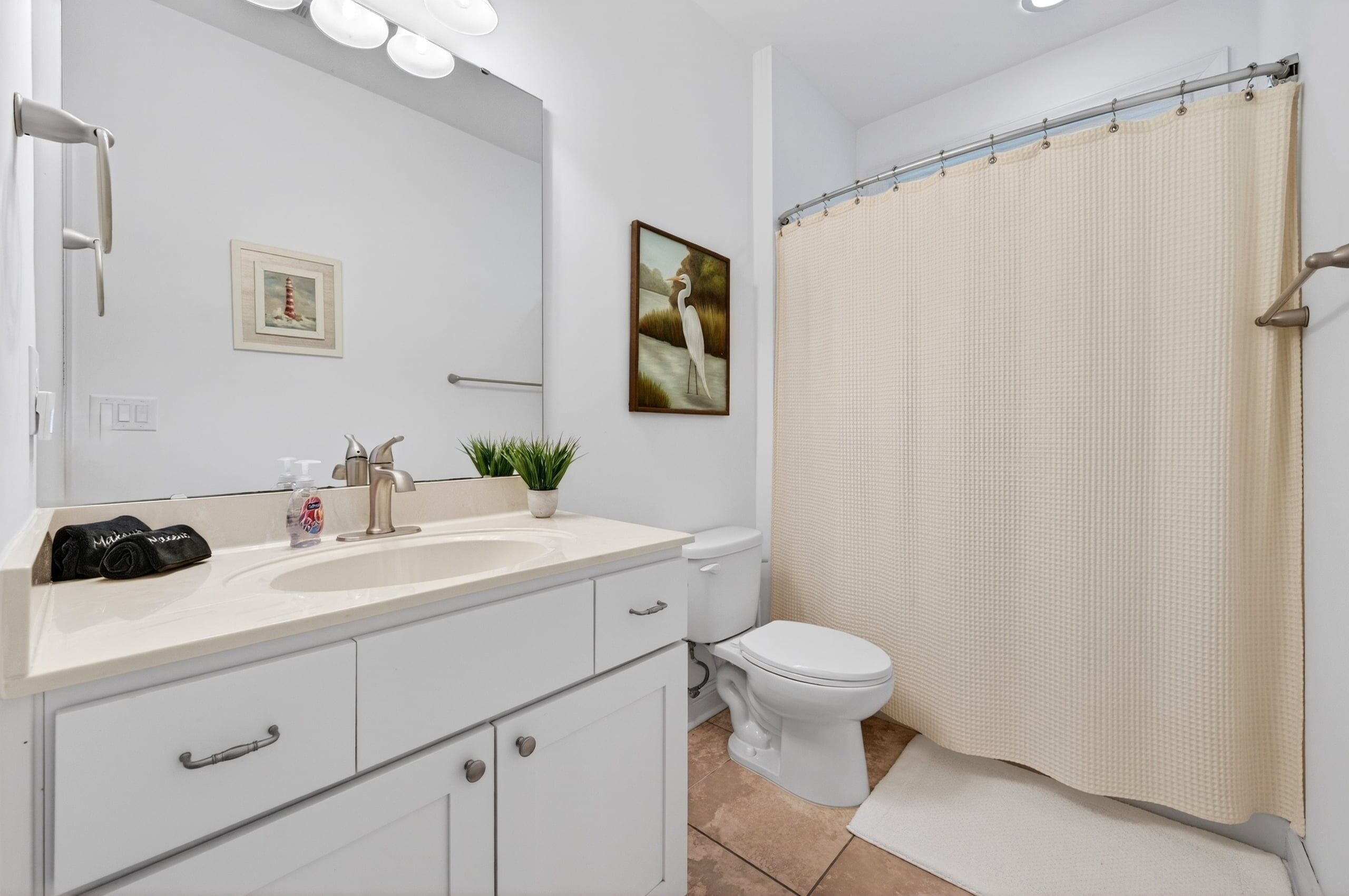 A bathroom with a white sink, a toilet, a shower curtain, and a framed picture on the wall.
