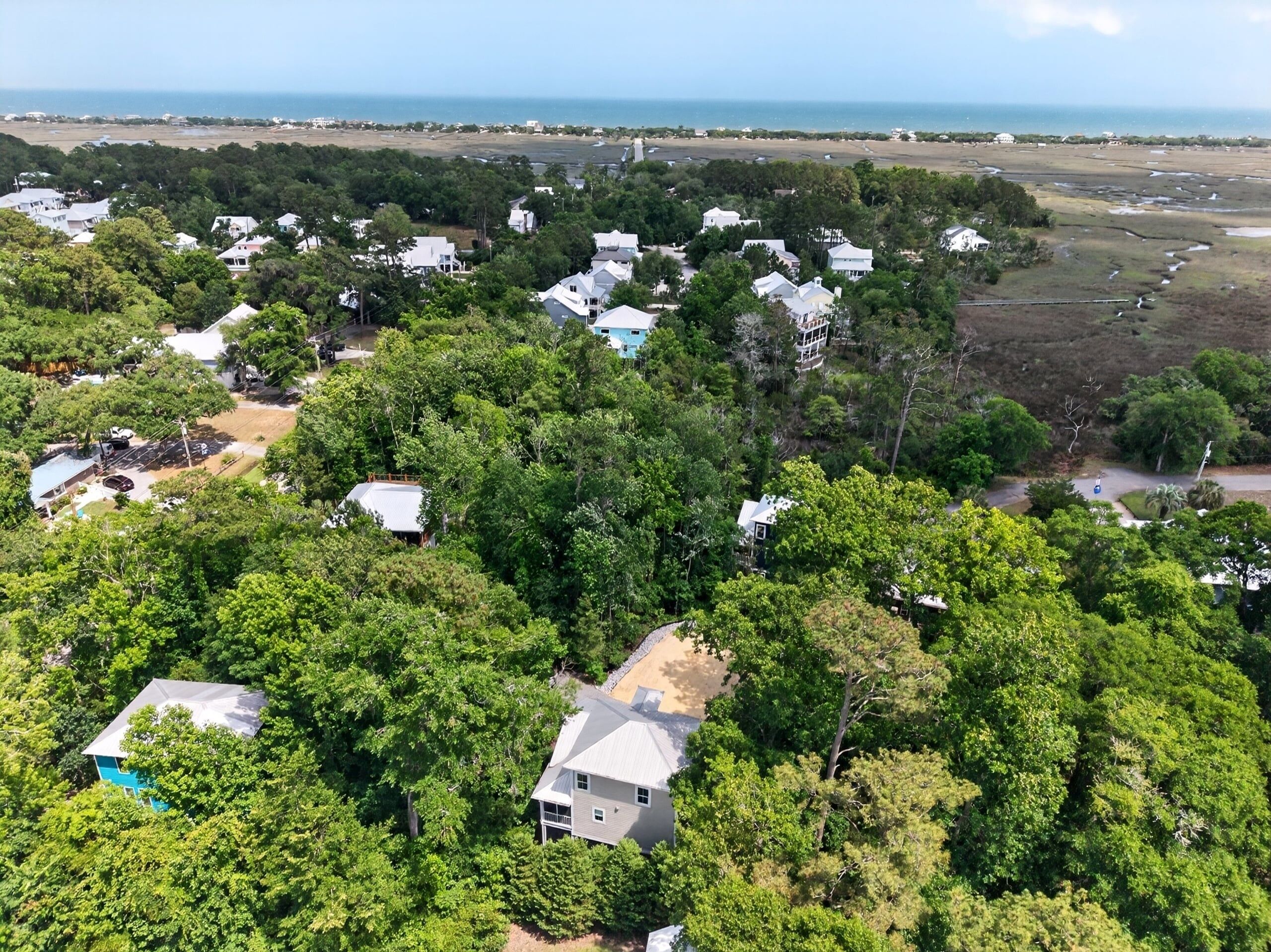 An aerial view of a residential area with houses surrounded by dense greenery, a clear view of the ocean, and a flat terrain.