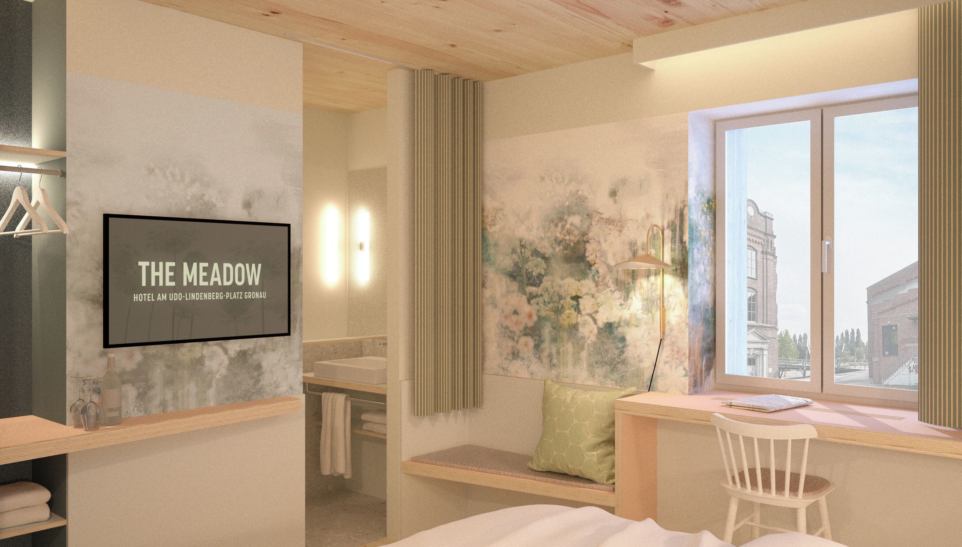 Hotelkamer met een bed, bureau, raam met uitzicht, een aan de muur bevestigde televisie en een badkamer zichtbaar door een geopende deur.
