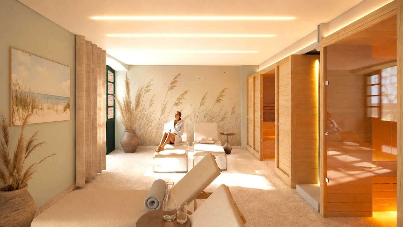 Un cuarto de spa con una persona relajándose en una silla, una mesa de masaje y una zona de sauna de madera.