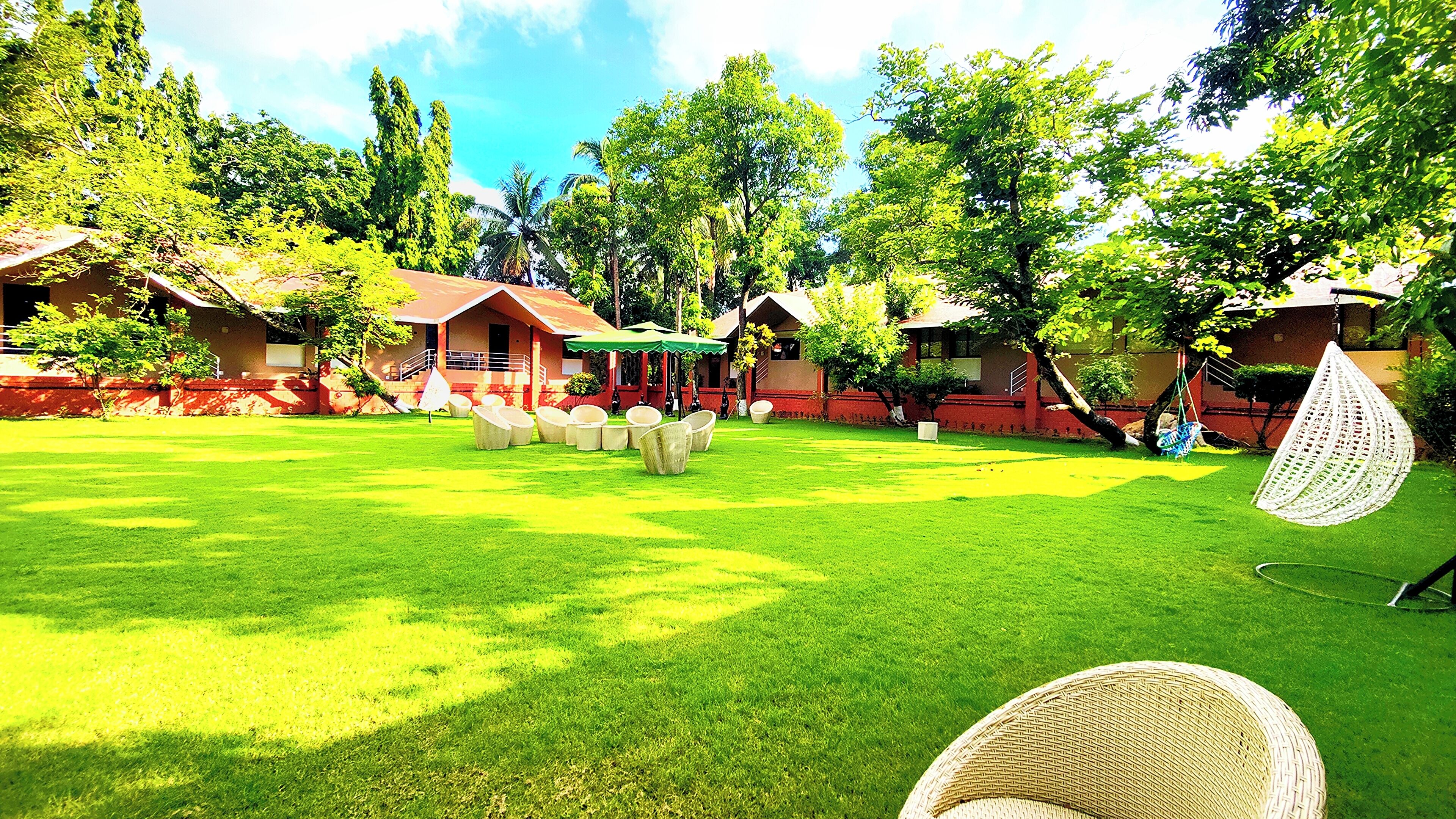 A well-maintained lawn with outdoor seating and a hanging chair, surrounded by trees and buildings.