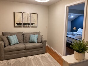 Un salon avec un canapé, deux coussins, un tapis et une plante en pot.