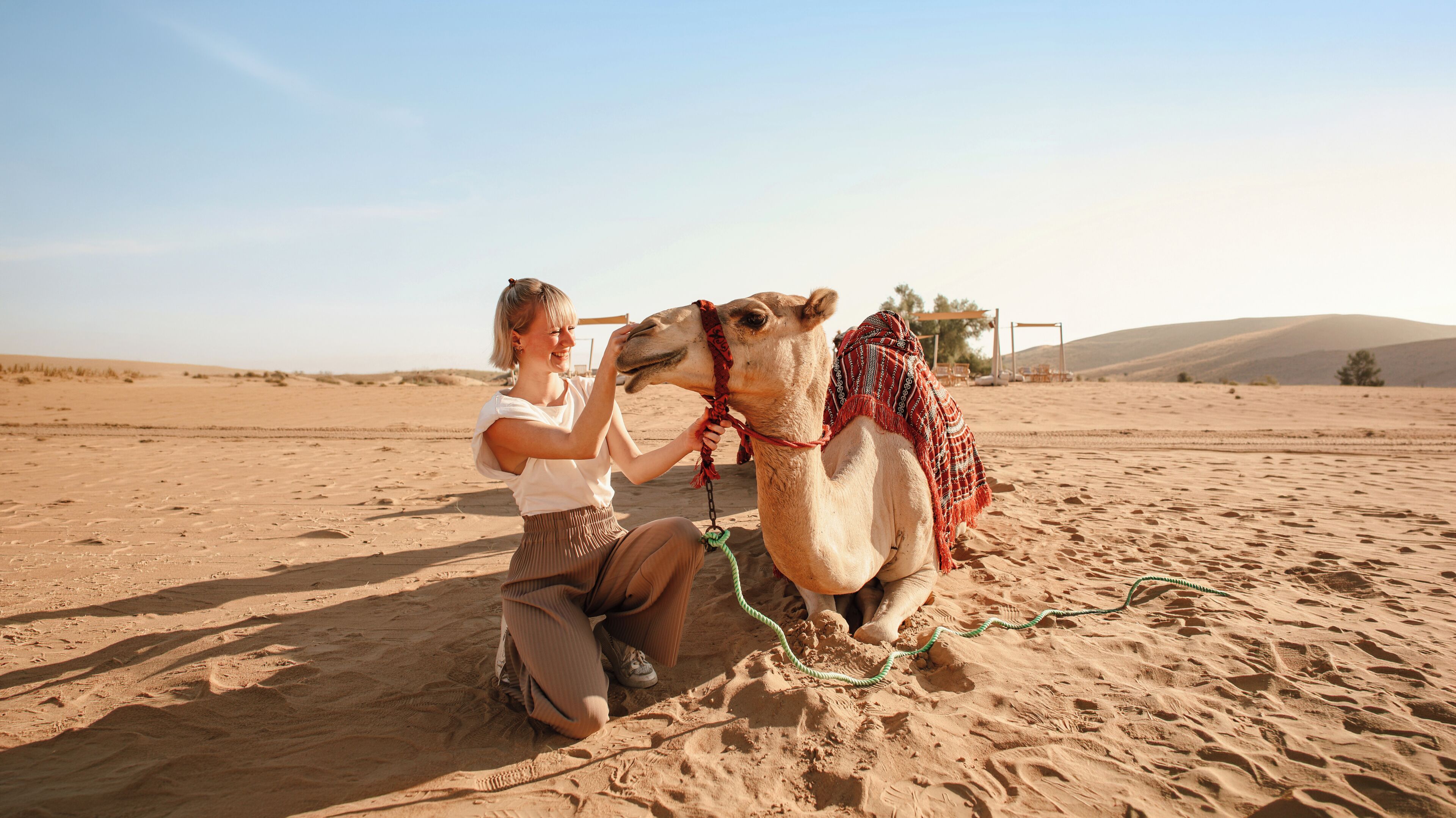 A person sitting on the sand with a camel.