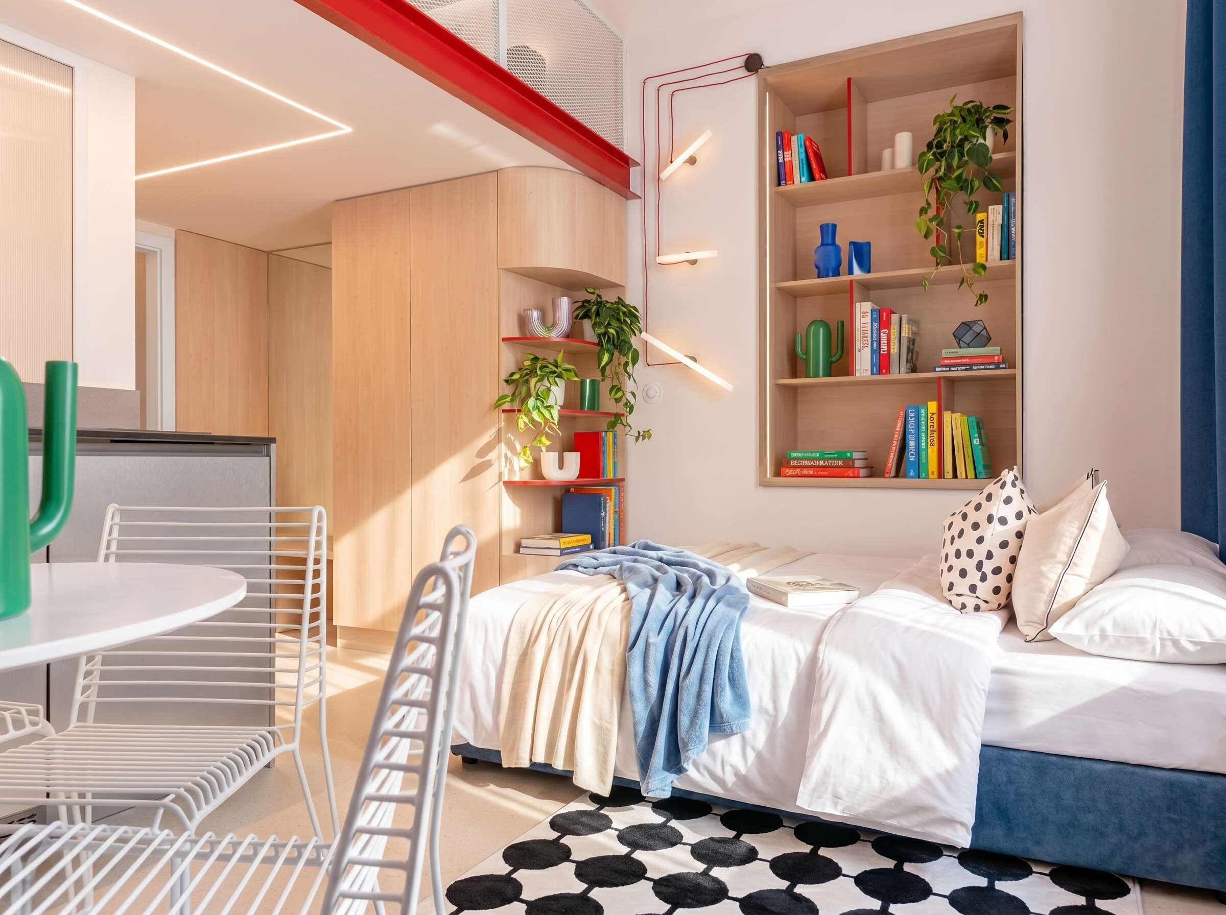 A modern bedroom with a bed, bedside tables, a bookshelf, and a dining area with chairs.