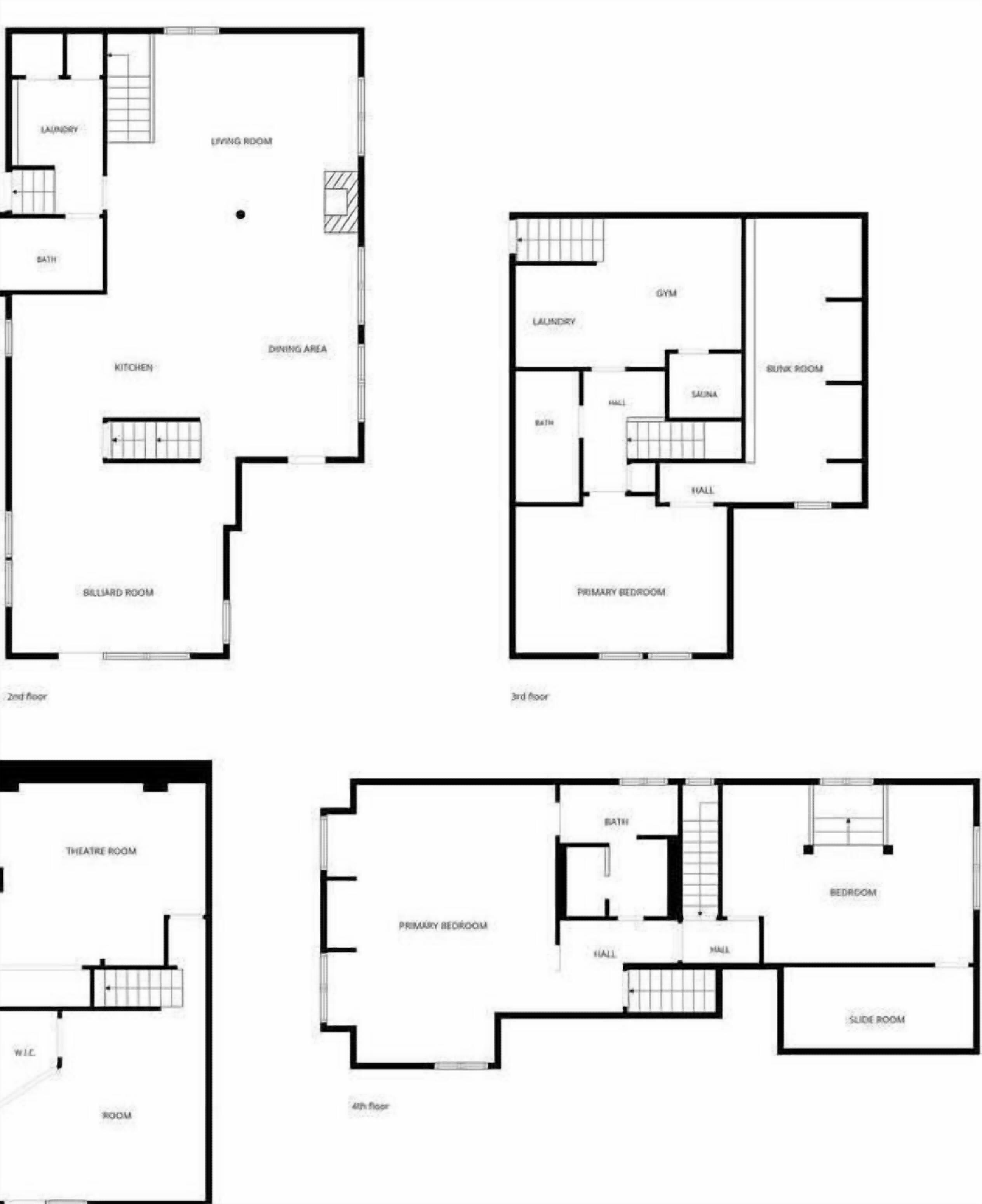 En planritning över ett hotellplan med flera rum, inklusive ett vardagsrum, en matplats, ett kök och flera sovrum.