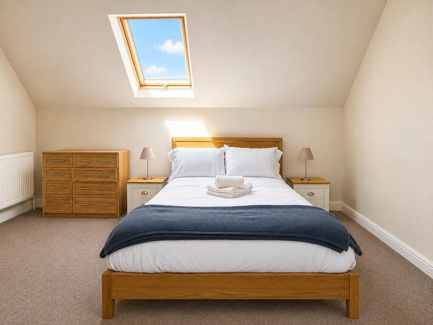 A bedroom with a skylight, a bed with white linens, a wooden dresser, and two bedside tables with lamps.