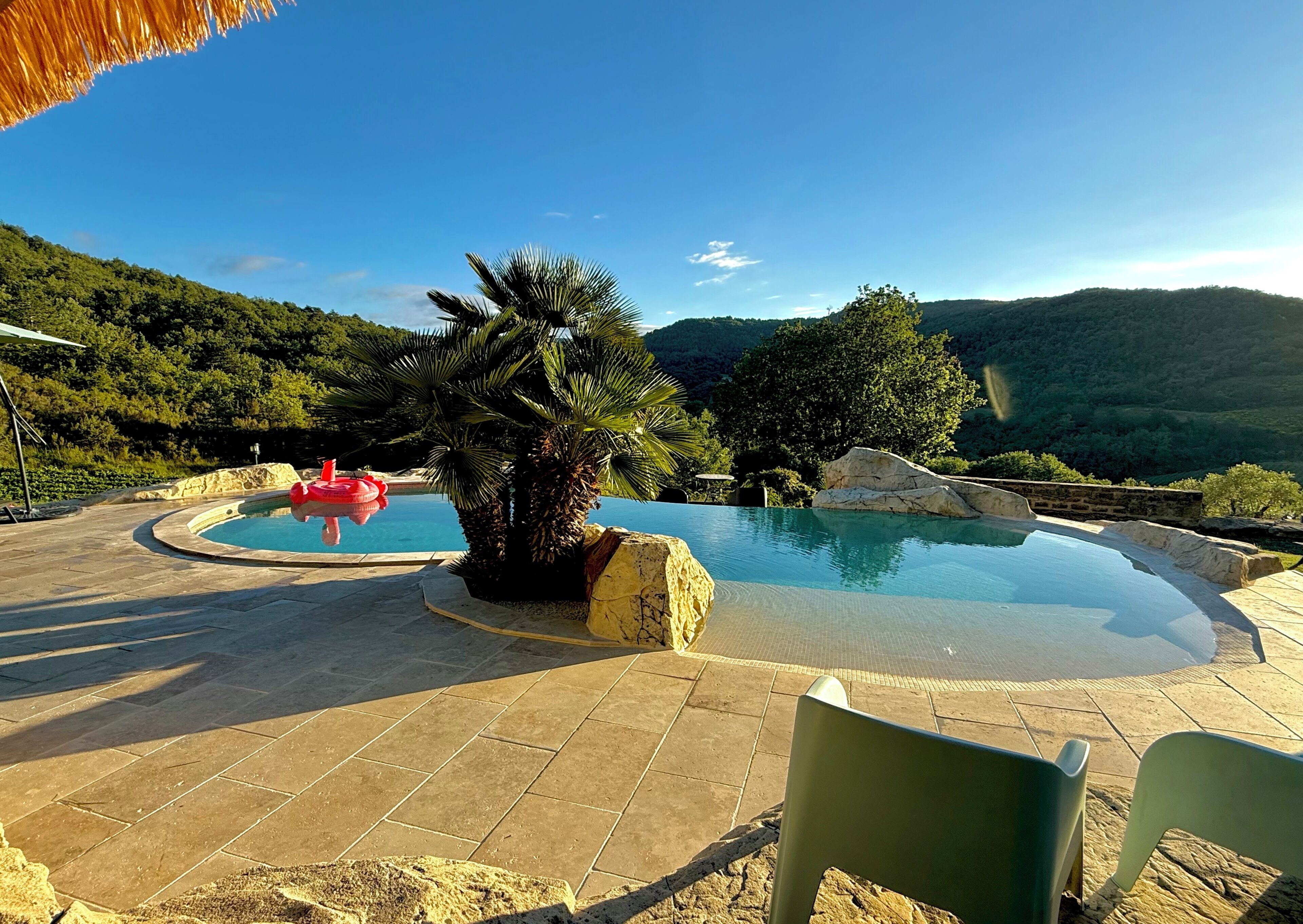 Une piscine avec une vue sur les montagnes, des carreaux de pierre et un palmier.