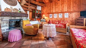 Ein gemütliches Zimmer mit Kamin, Holzwänden, einer Couch, einem Tisch und einem Bett.