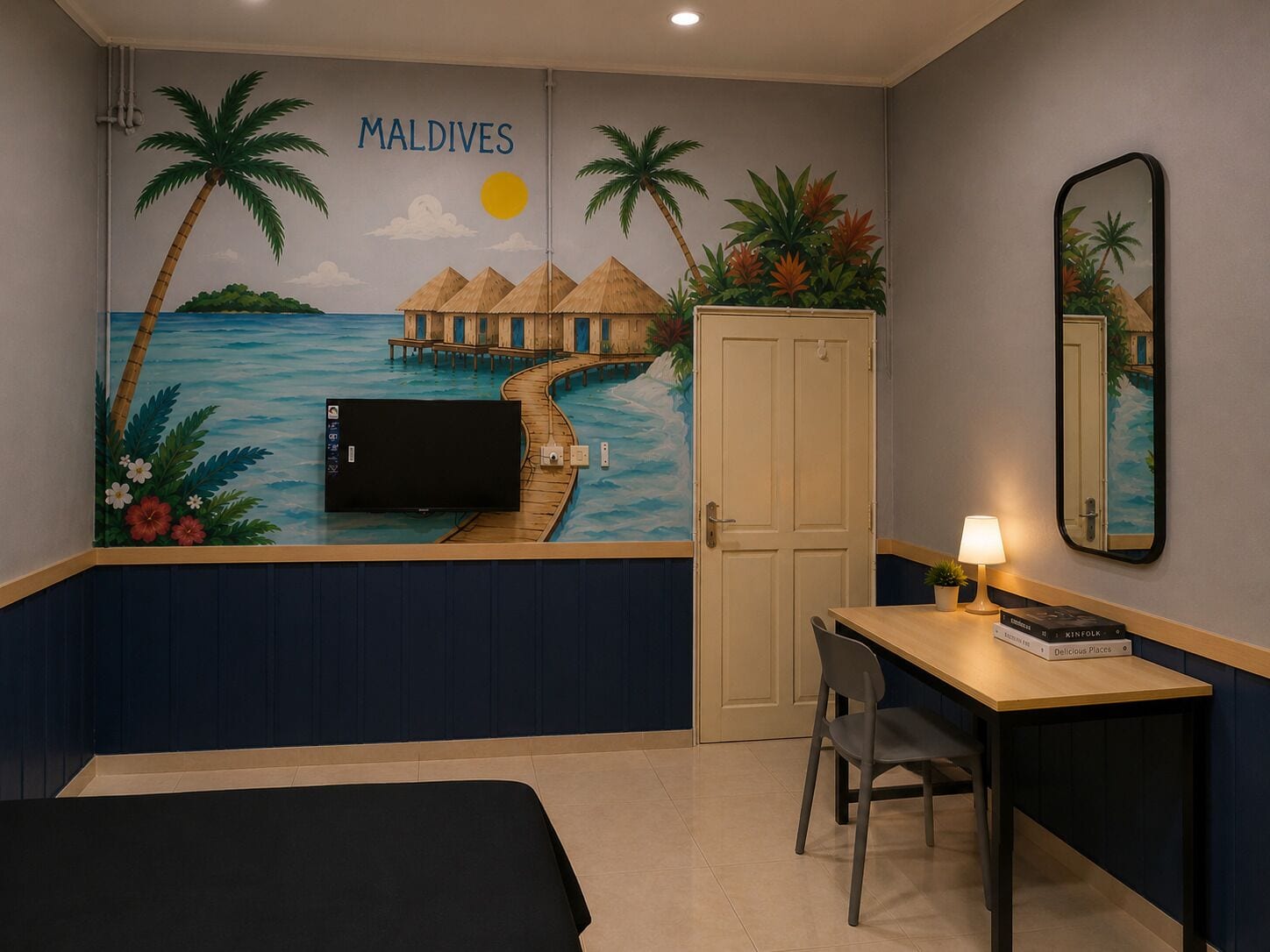A room with a mural of the Maldives, a bed, a desk with a chair, a mirror, and a door.