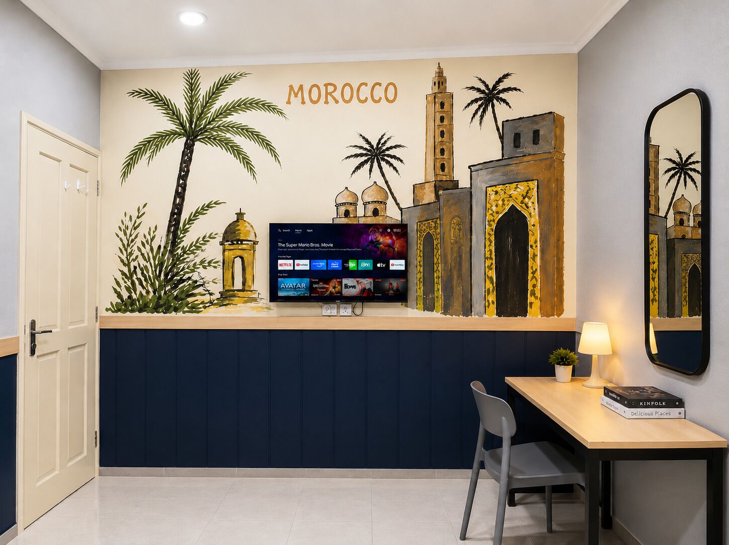 A room with a wall mural depicting Moroccan architecture, a flat-screen TV mounted on a wall, a desk with a chair, and a lamp.