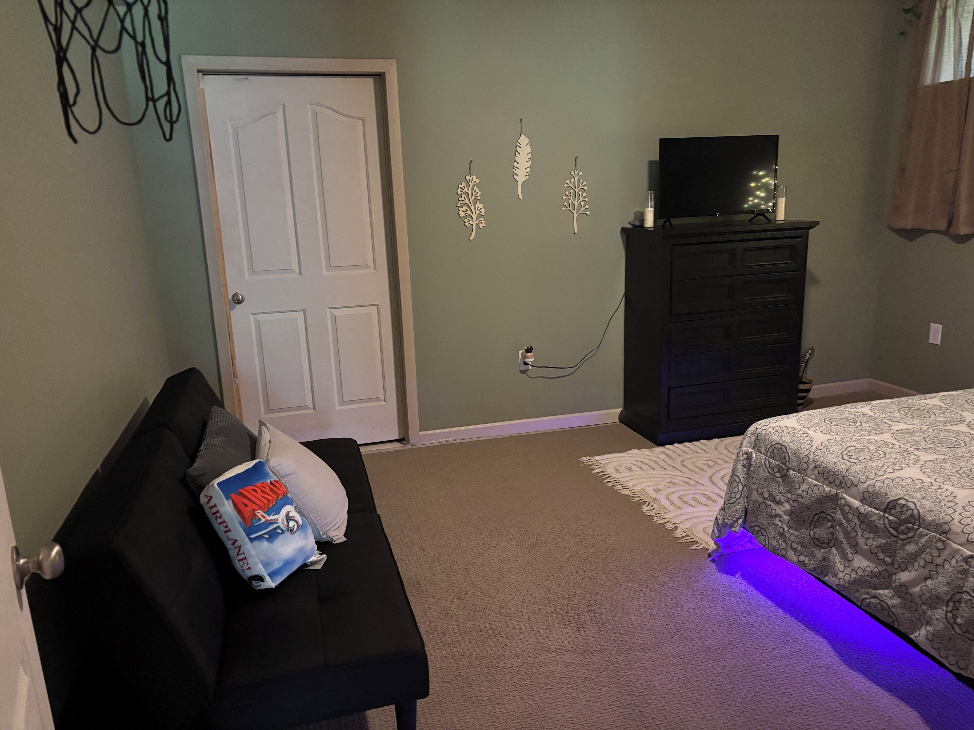A bedroom with a bed, a dresser, a television, and a wall with decorative leaves.