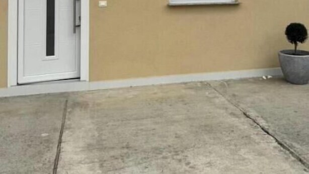 Fachada de prédio com porta fechada, janela com persiana e planta em vaso.