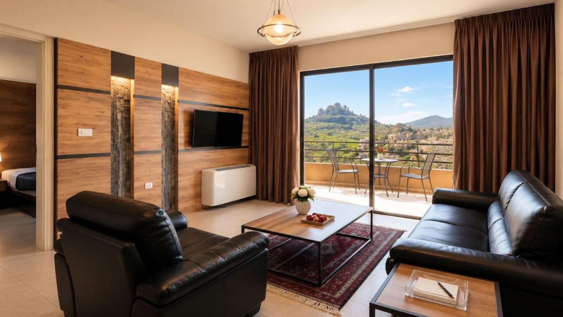 Una sala moderna con un sofá, una mesa de centro y un televisor instalado en la pared.