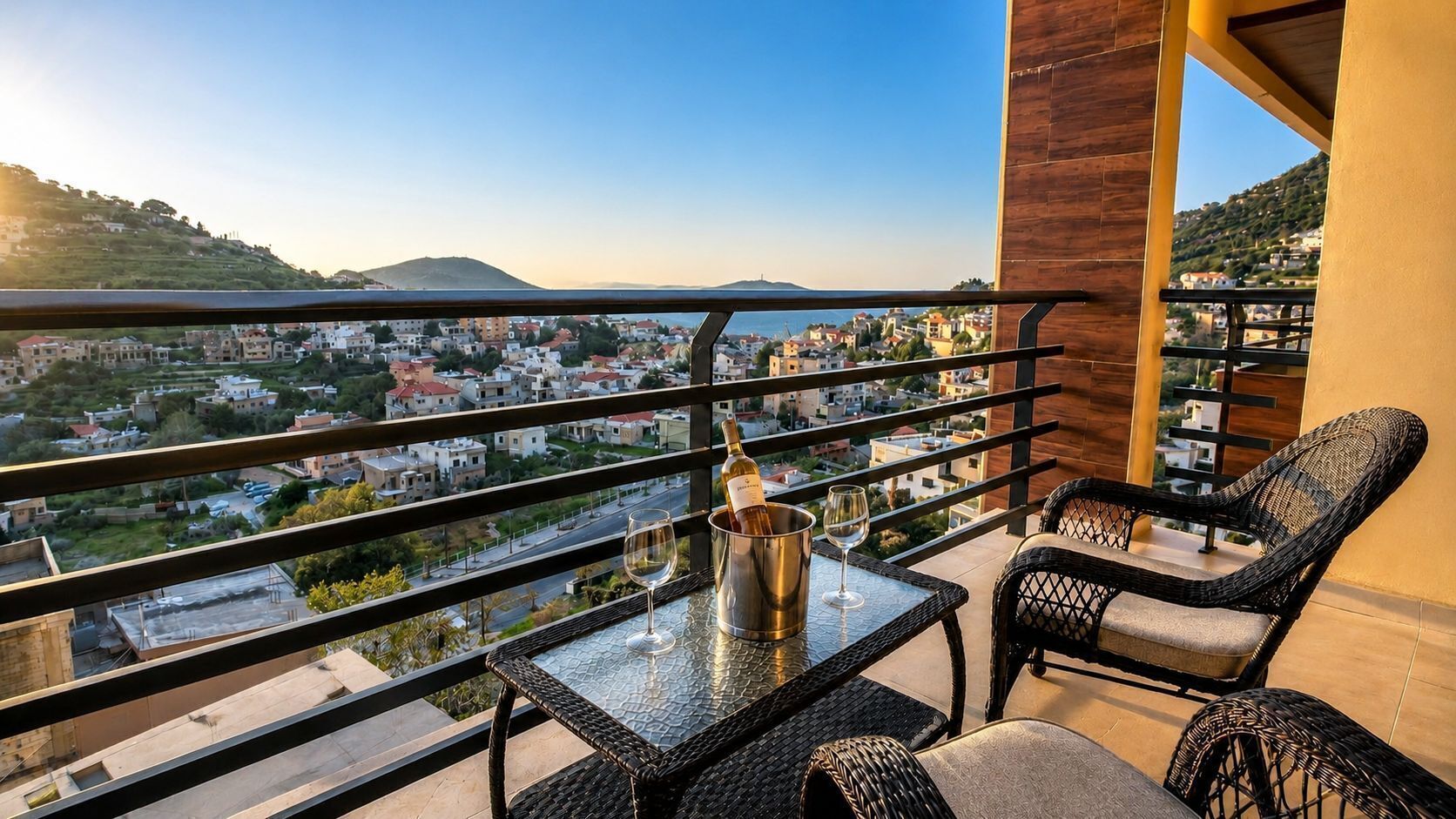 A balcony with a table, two wicker chairs, a wine glass, and a bottle of wine.