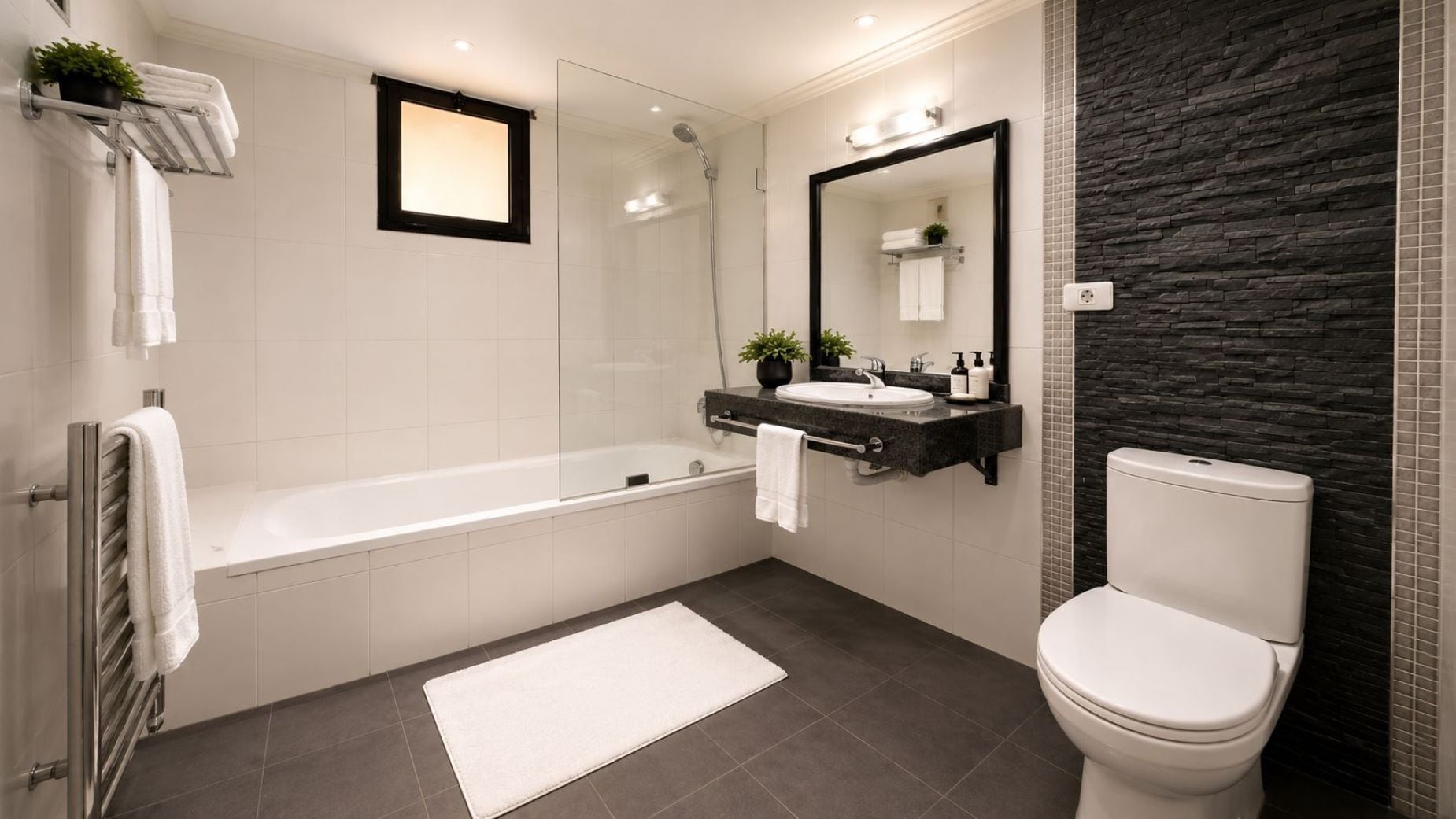 A modern bathroom with a bathtub, toilet, and sink.