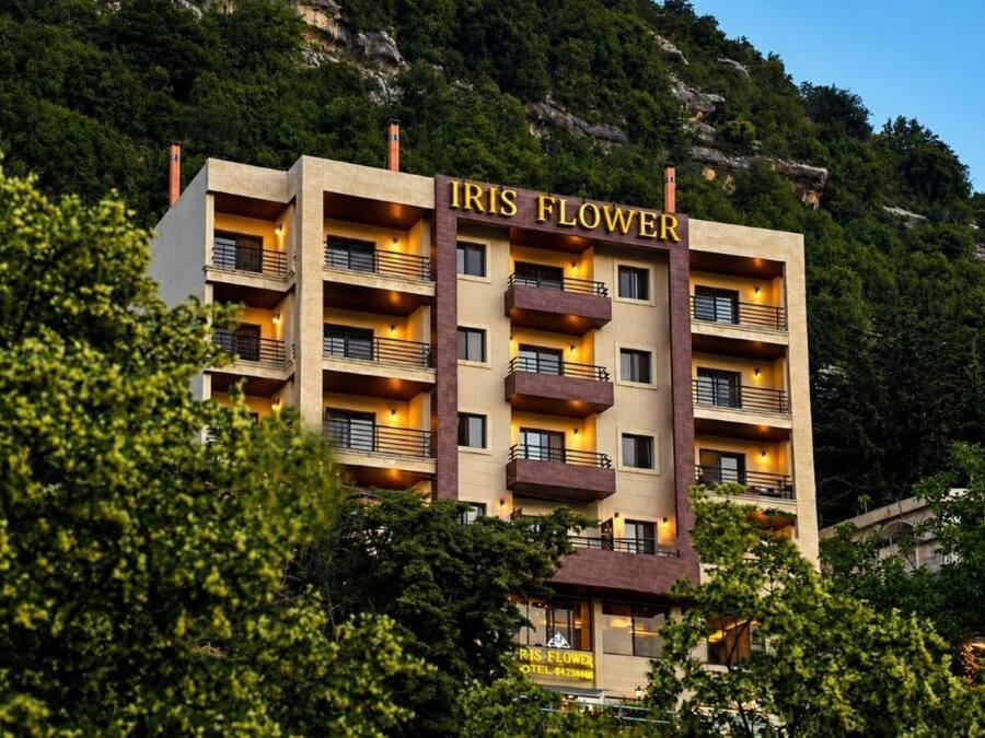 A multi-story hotel named 'IRIS FLOWER' with balconies and a mountainous backdrop.