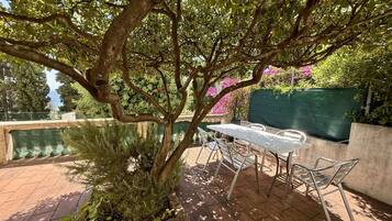 A patio with a table and chairs, surrounded by greenery and a view of the sea.
