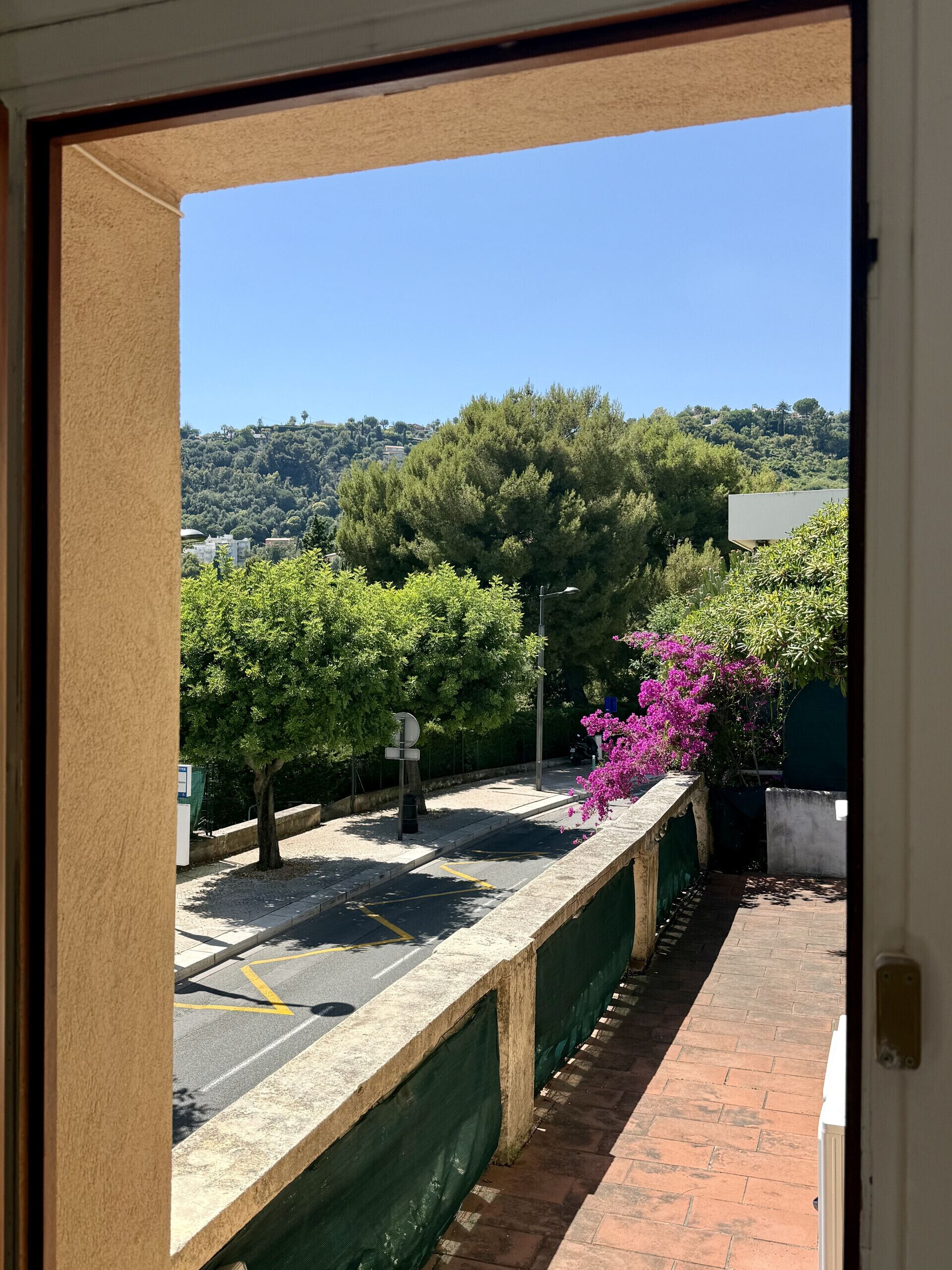 A view from a balcony with a street, trees, and a distant hill.
