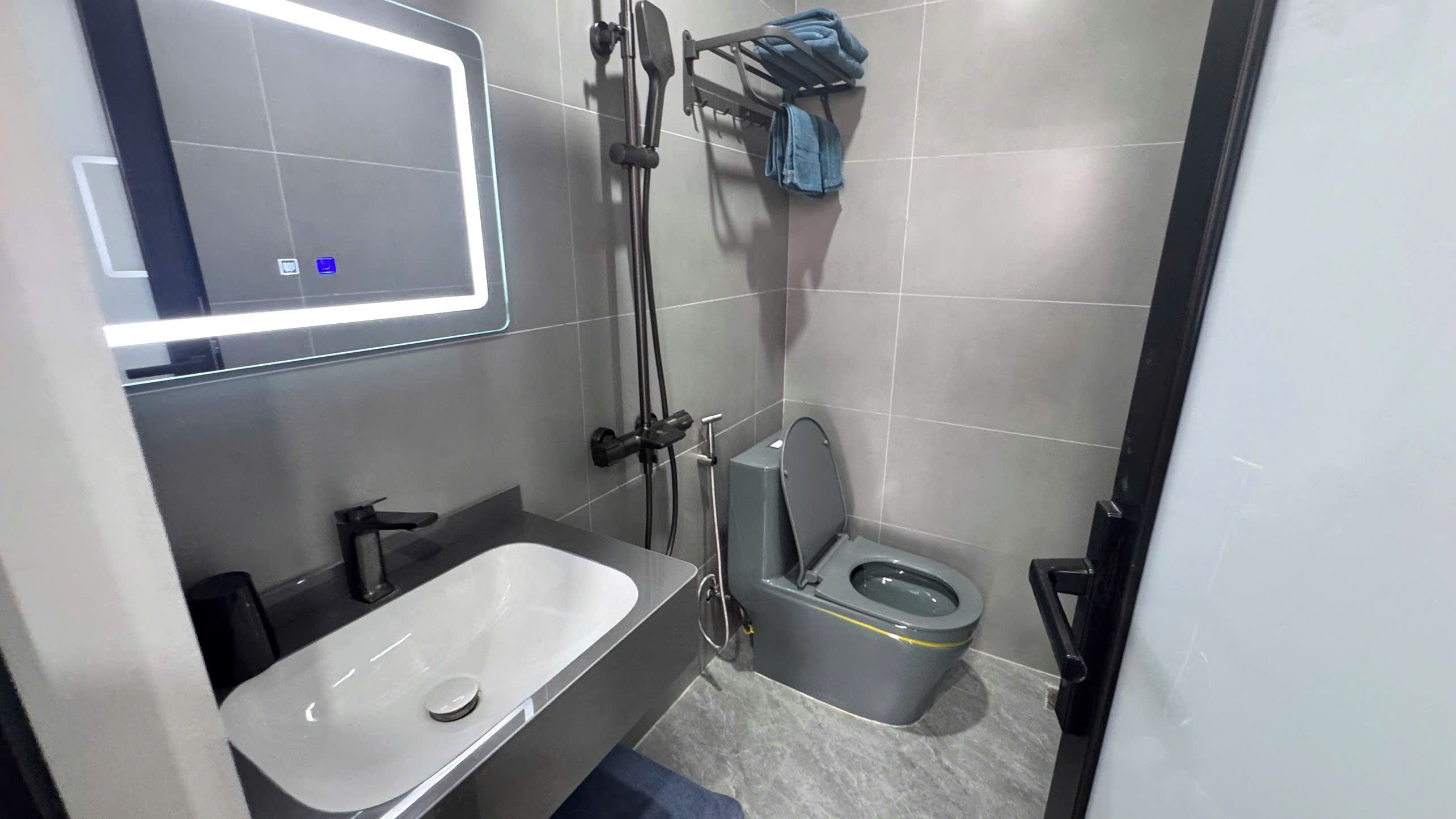 A bathroom with a toilet, a sink, and a shower.