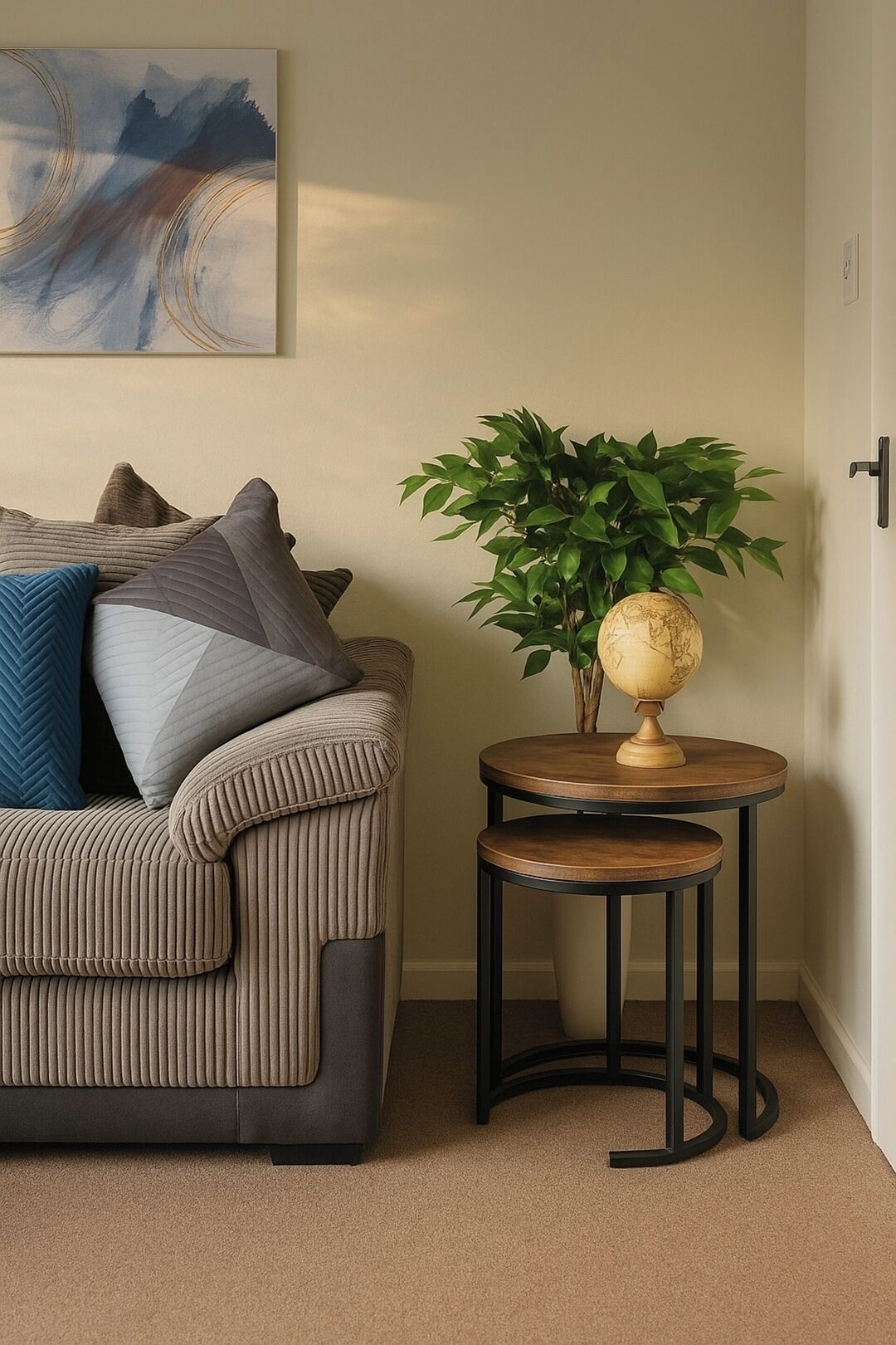 A living room with a sofa, pillows, a round wooden table, a globe, and a potted plant.