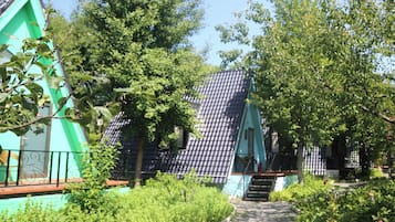 A pathway leading to a building with a steeply pitched roof and a small staircase.