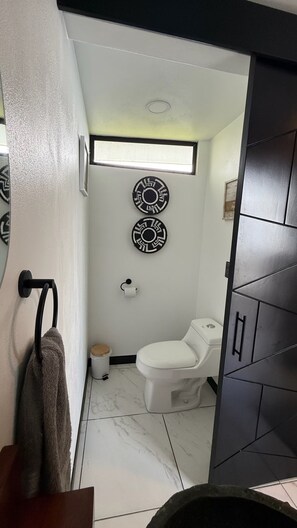 Casa de banho com sanita, suporte de toalhas, lixeira e painéis decorativos na parede.