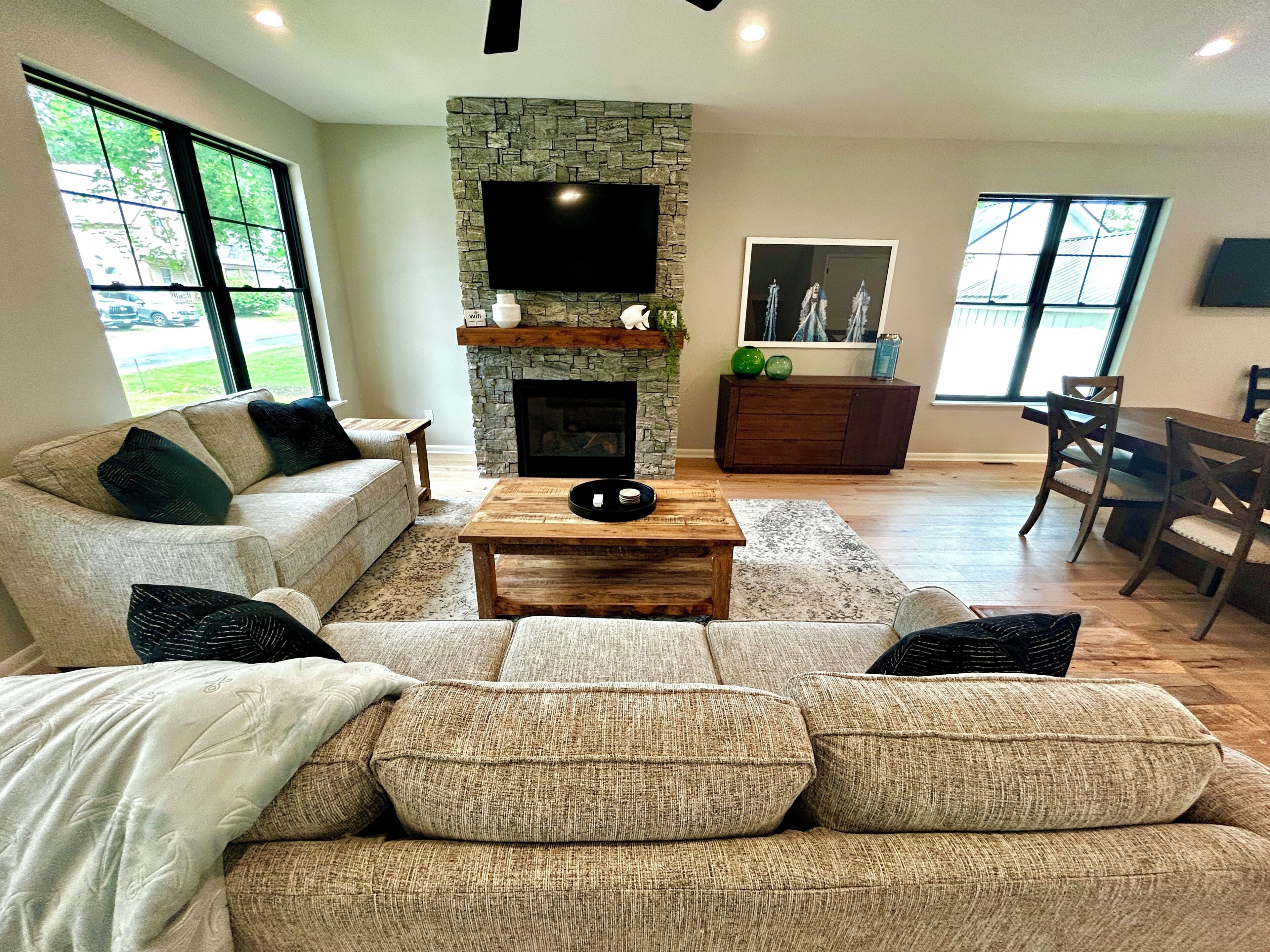 Smart TV, fireplace, books