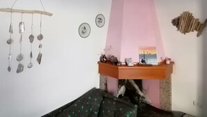 Een woonkamer met een open haard, een hanglamp en een bank.