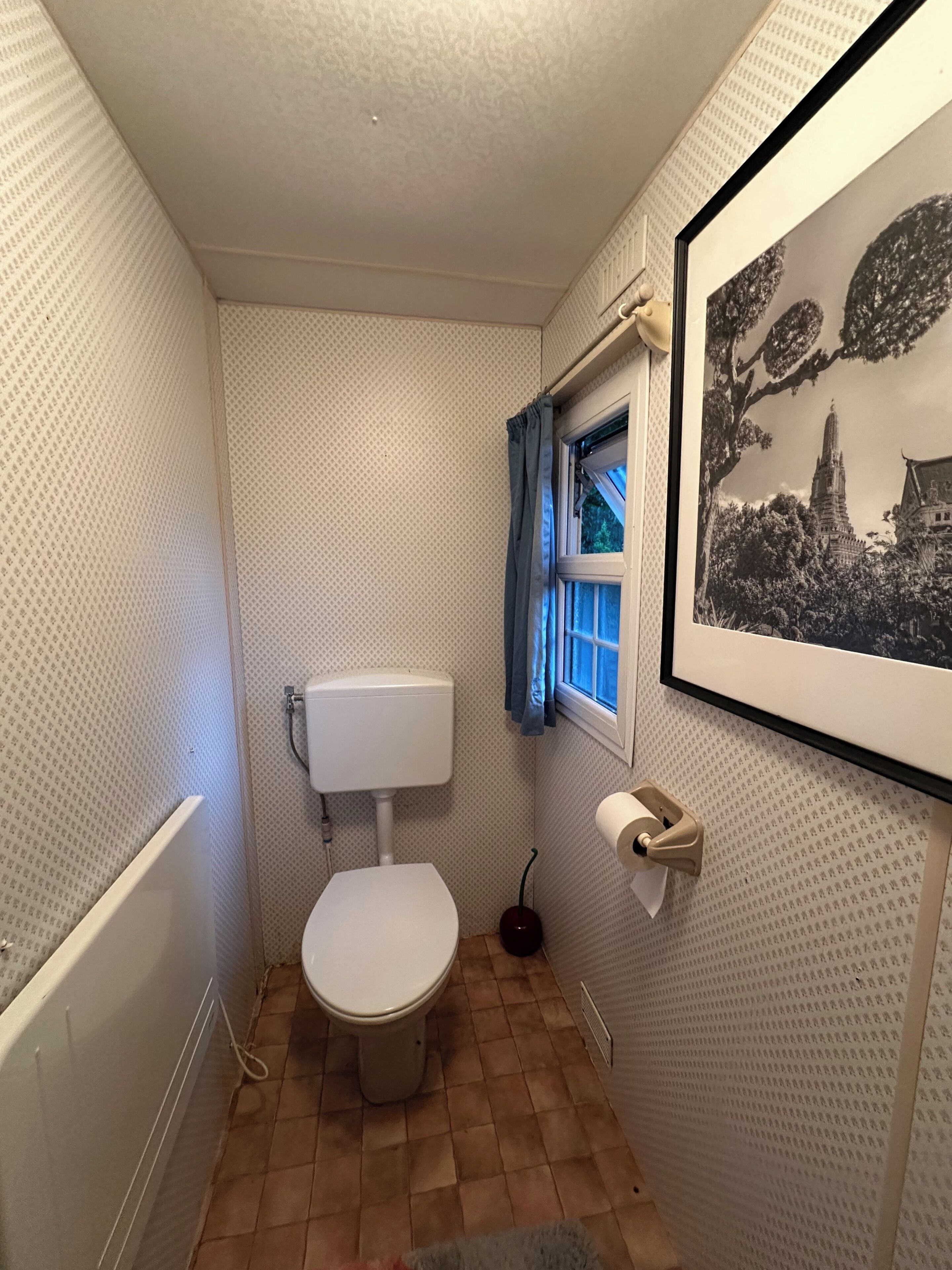 A small bathroom with a toilet, a window with curtains, and a framed picture on the wall.