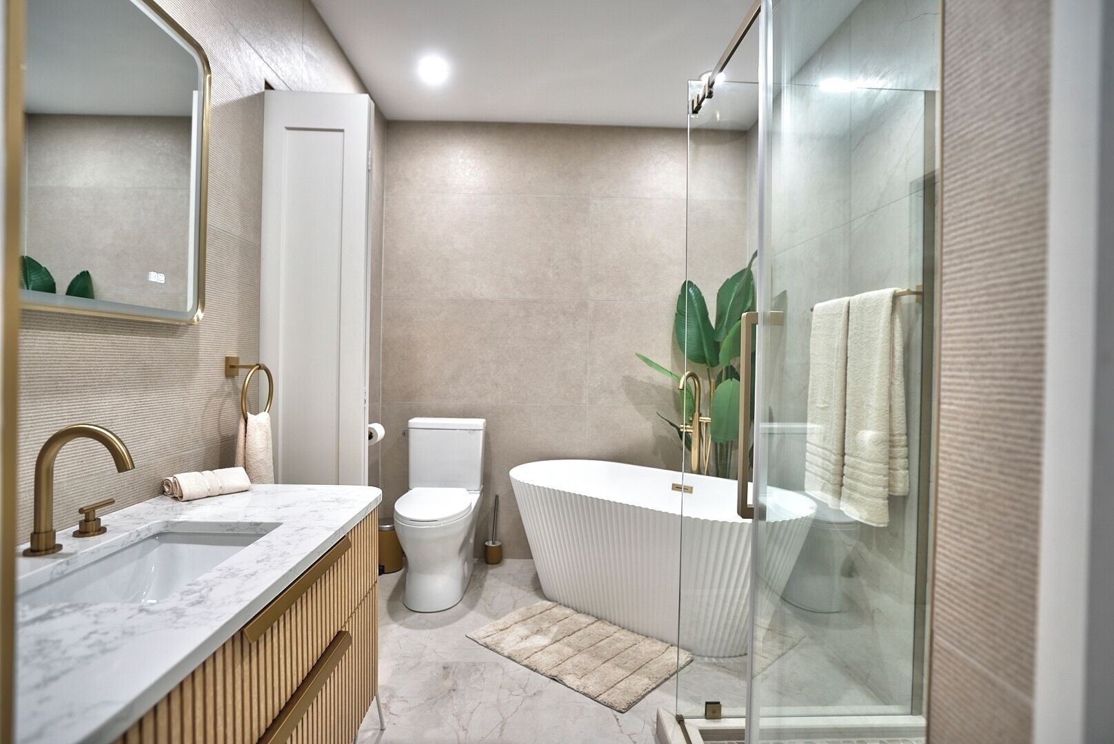 Hair dryer, towels, soap, toilet paper