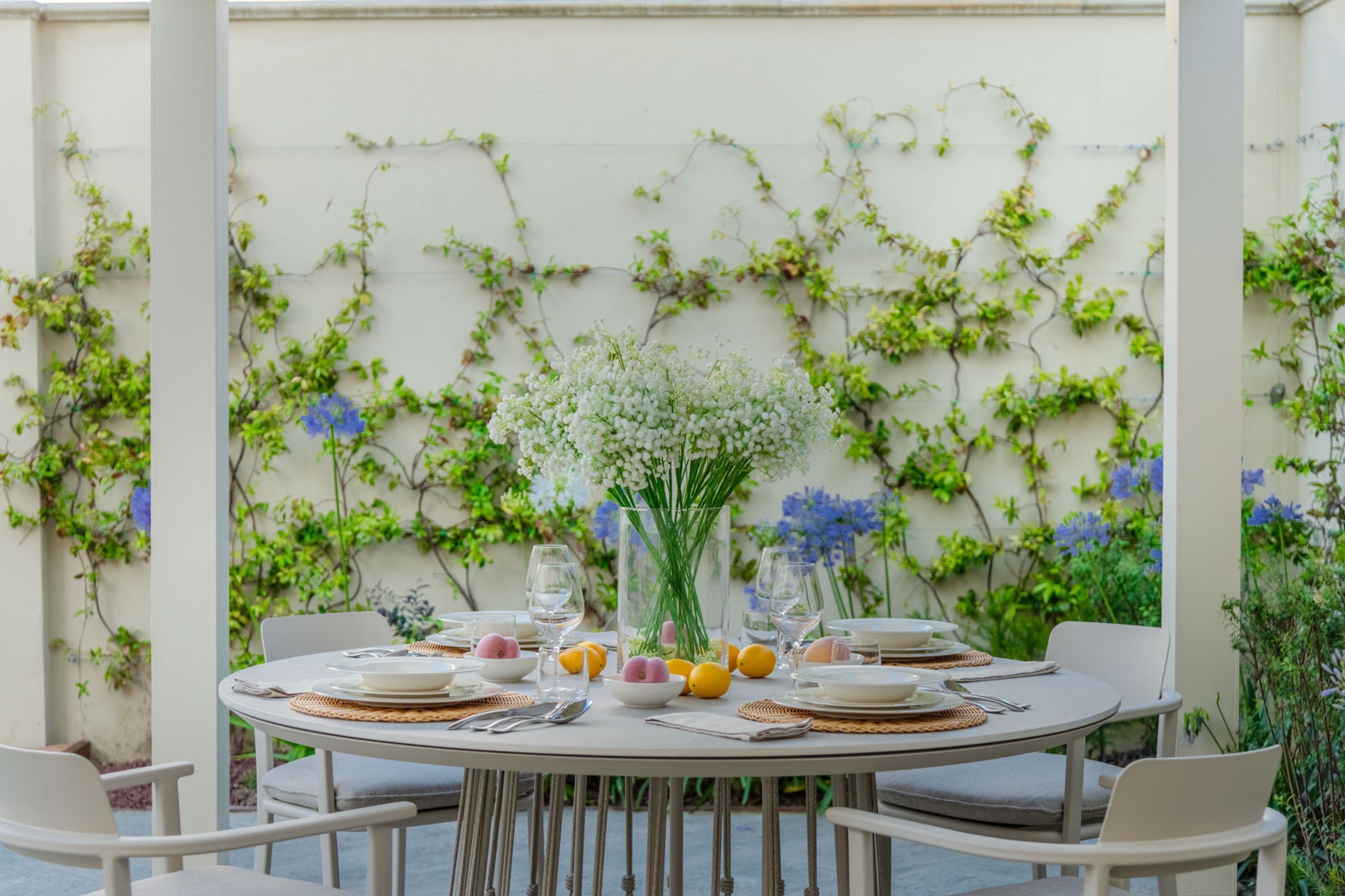 A round table set for dining with plates, cutlery, and glasses, surrounded by white chairs, against a wall with climbing plants and flowers.