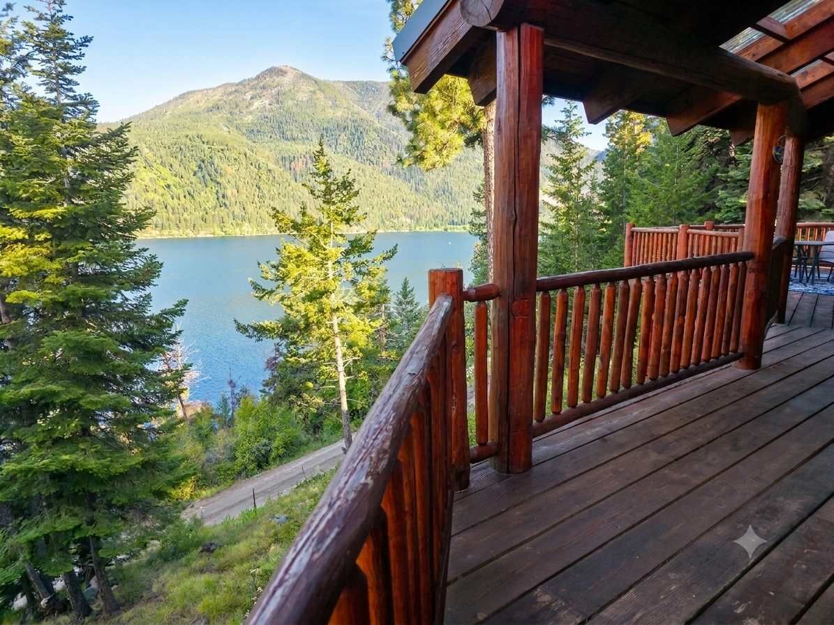 Eine Holzterrasse mit Blick auf einen See und Berge.