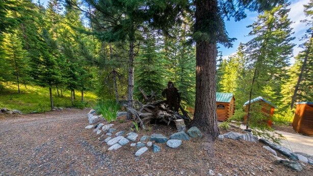 Une zone boisée avec un chalet en bois, un grand arbre et un sentier pavé de pierres.
