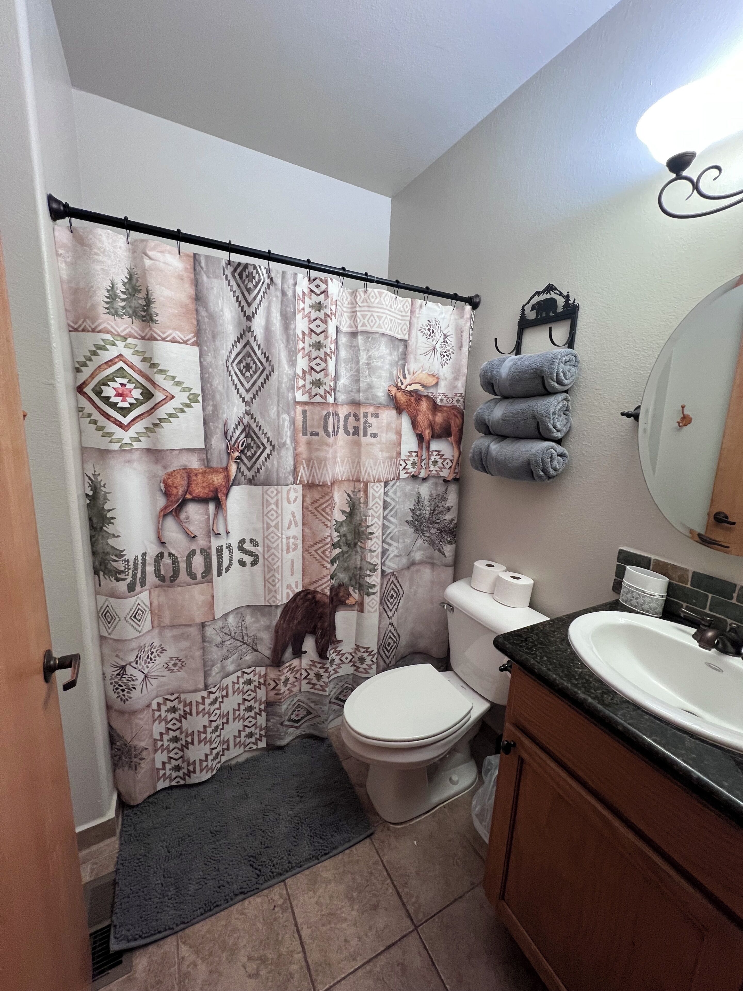 Shower, jetted tub, hair dryer, towels
