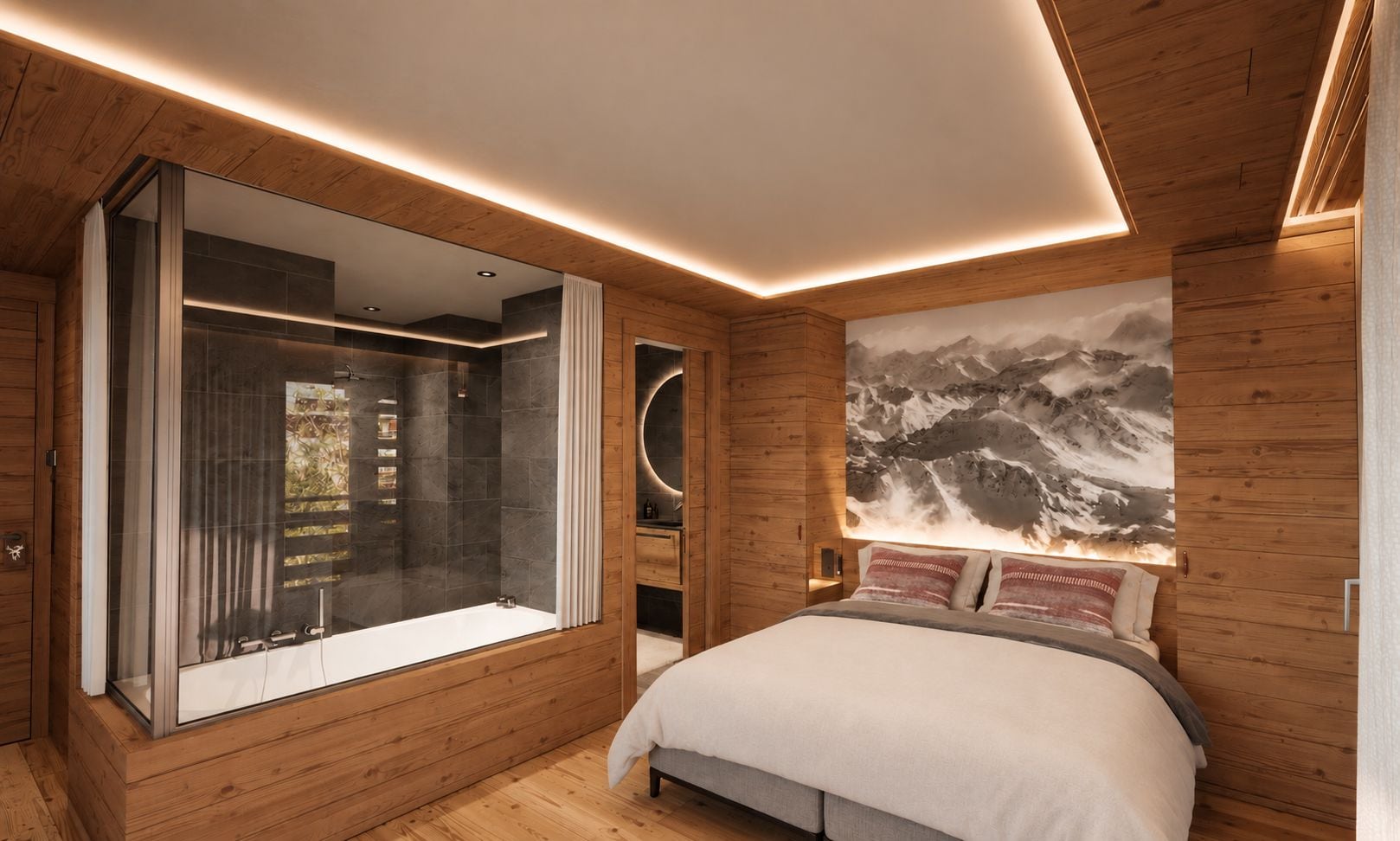 Une chambre moderne avec une grande fenêtre, un lit avec des oreillers et un luminaire circulaire fixé au mur.