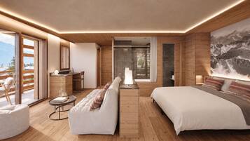 A modern bedroom with a large bed, a sofa, a desk, and a view of mountains through large windows.