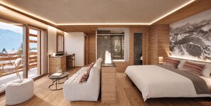 Un dormitorio moderno con una cama grande, un sofá, un escritorio y vistas a montañas a través de amplias ventanas.
