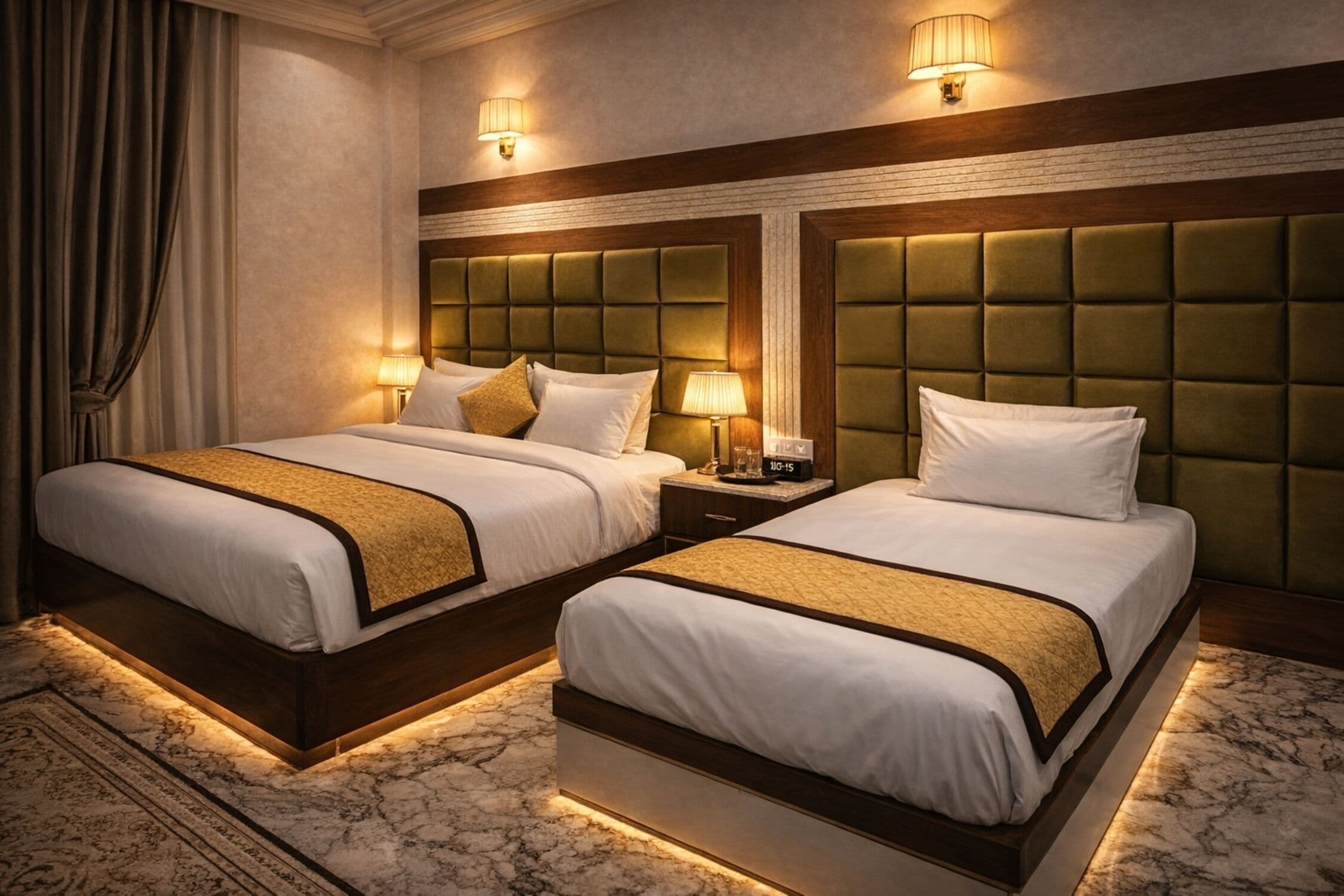 A hotel room with two beds, marble flooring, and wall-mounted lamps.
