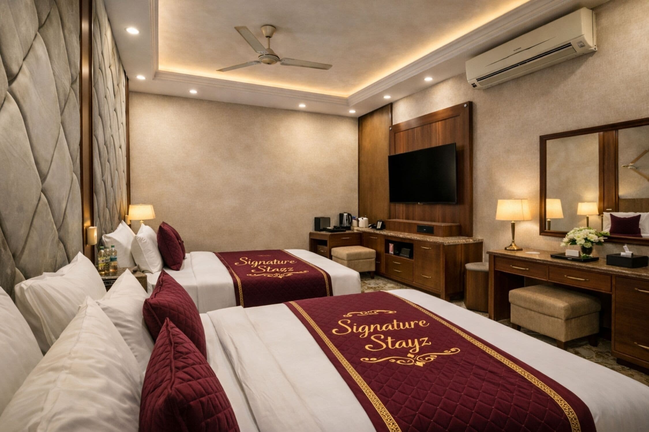 Habitación de hotel con dos camas, televisión, escritorio y espejo.