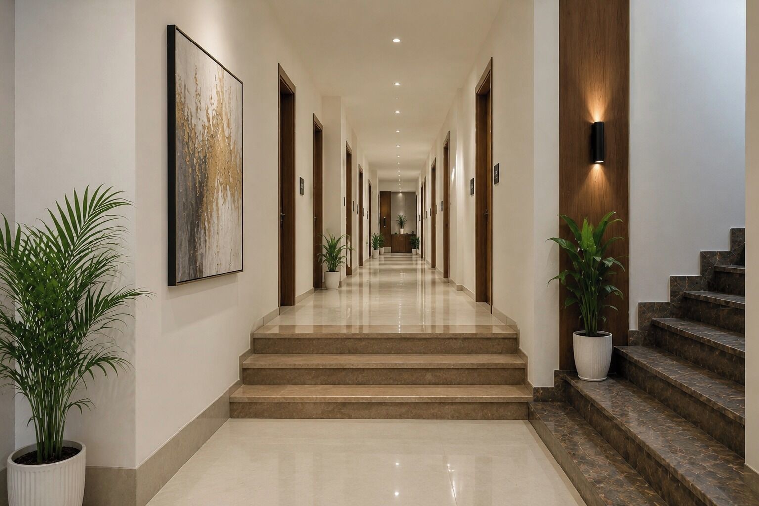 A long, well-lit hallway with marble steps, potted plants, and framed artwork on the walls.