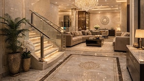 A spacious lobby with a grand staircase, a chandelier, and a plush seating area.