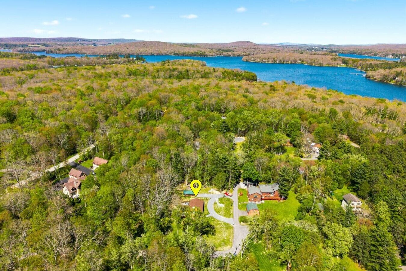 An aerial view of a residential area with houses surrounded by dense greenery and a large body of water in the background.